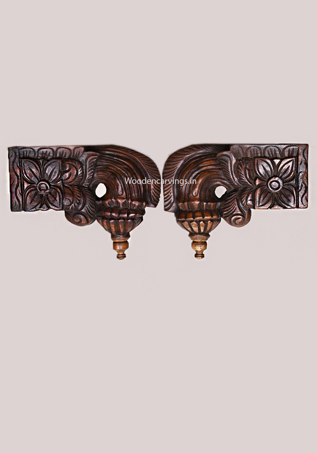 Wooden Four Leaf Floral Design Light Weight Home and Office Decoration Paired Wax Brown Wall Brackets 9.5"