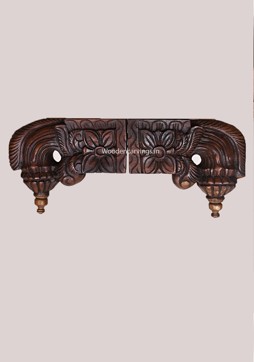 Wooden Four Leaf Floral Design Light Weight Home and Office Decoration Paired Wax Brown Wall Brackets 9.5"