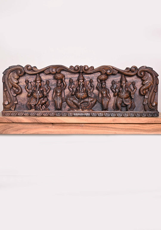 Carved Three Unique Forms of Lord Ganapathy With Sevagars Holding Jack Fruit Wax Brown Wooden Wall Panel 36"