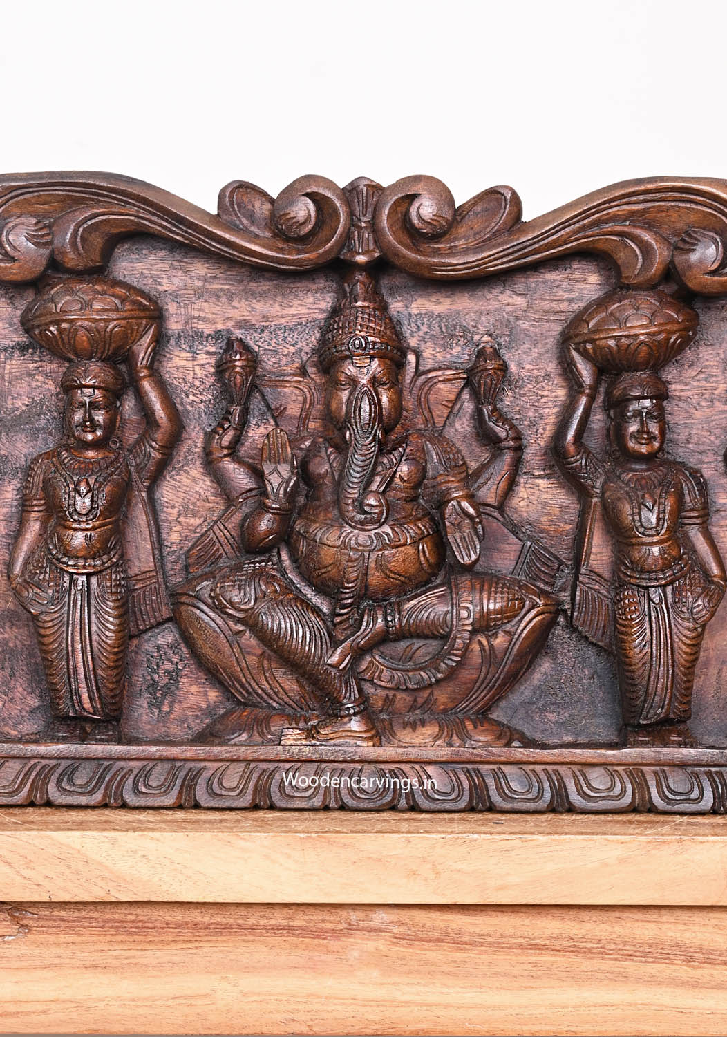 Carved Three Unique Forms of Lord Ganapathy With Sevagars Holding Jack Fruit Wax Brown Wooden Wall Panel 36"