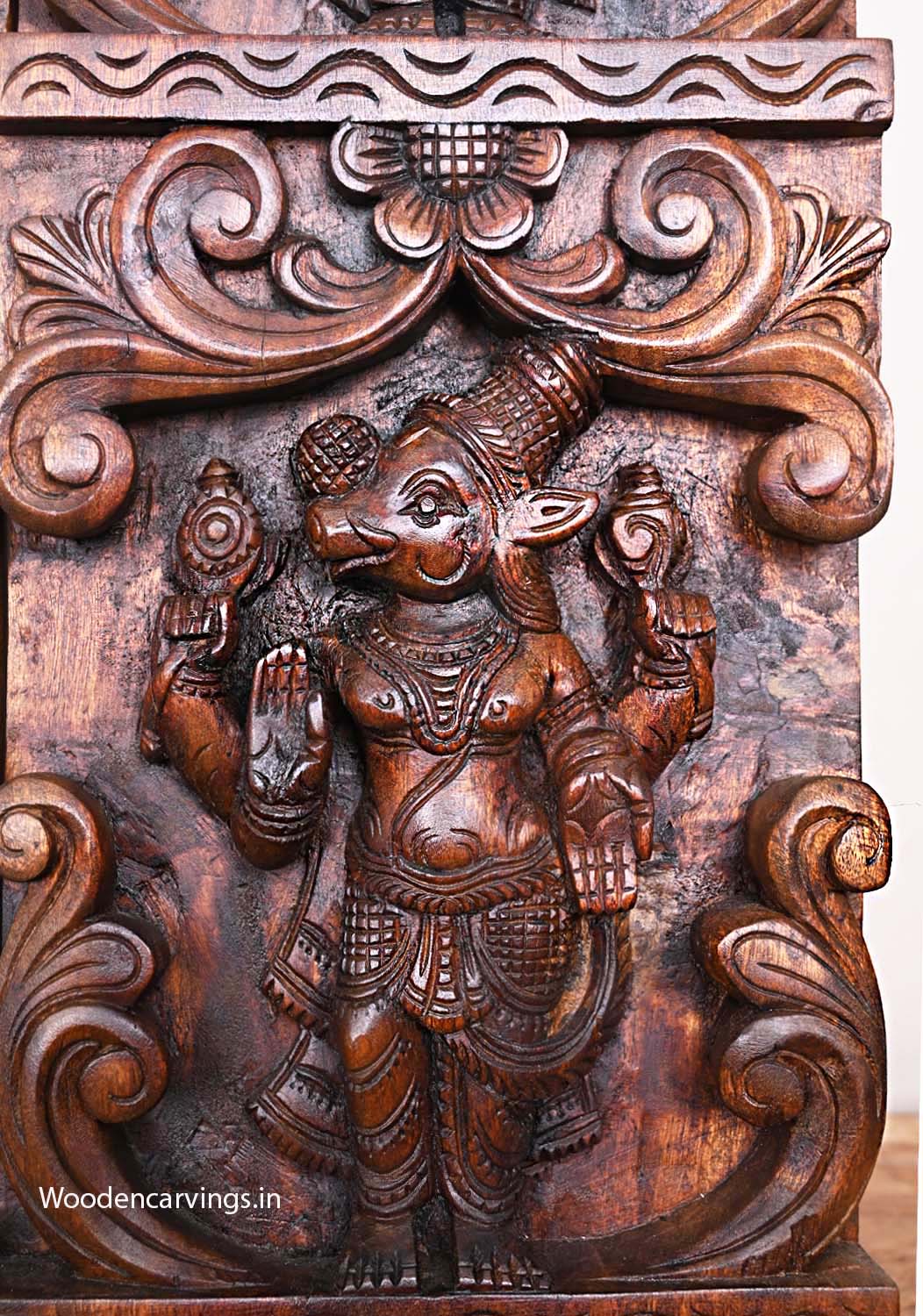 Vertical Maha Vishnu Ten Powerful Avatars Detaily Carved Wooden Entrance Decoration Paired Wax Brown Wall Panel 66"