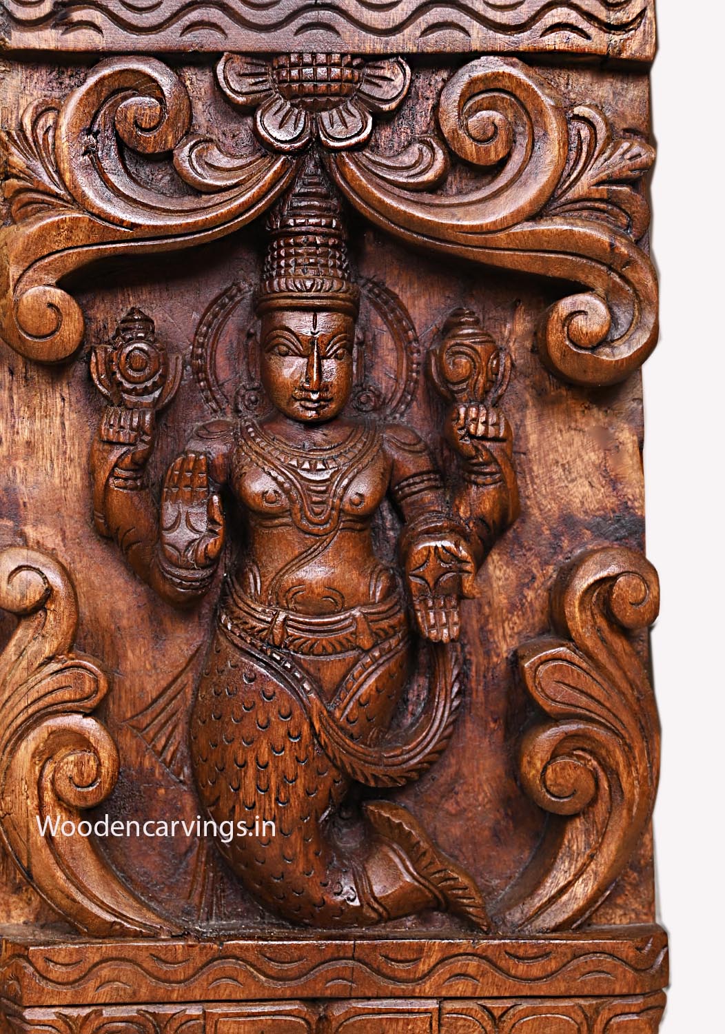 Vertical Maha Vishnu Ten Powerful Avatars Detaily Carved Wooden Entrance Decoration Paired Wax Brown Wall Panel 66"