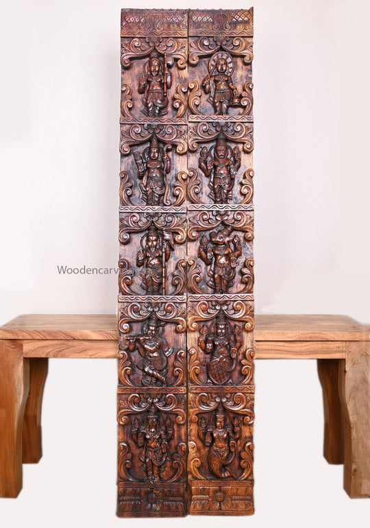 Vertical Maha Vishnu Ten Powerful Avatars Detaily Carved Wooden Entrance Decoration Paired Wax Brown Wall Panel 66"