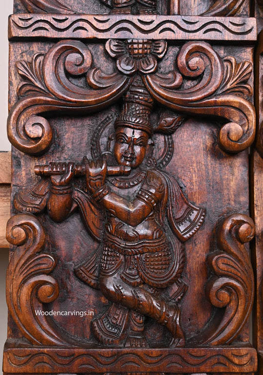 Vertical Maha Vishnu Ten Powerful Avatars Detaily Carved Wooden Entrance Decoration Paired Wax Brown Wall Panel 66"