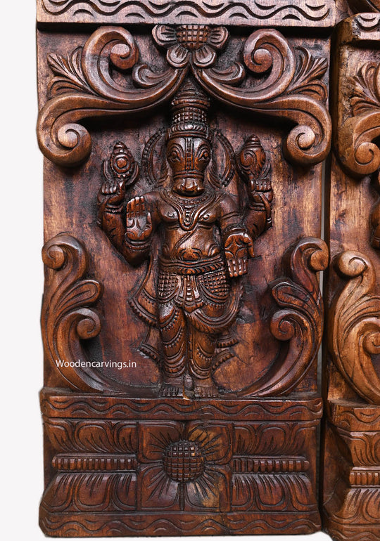 Vertical Maha Vishnu Ten Powerful Avatars Detaily Carved Wooden Entrance Decoration Paired Wax Brown Wall Panel 66"