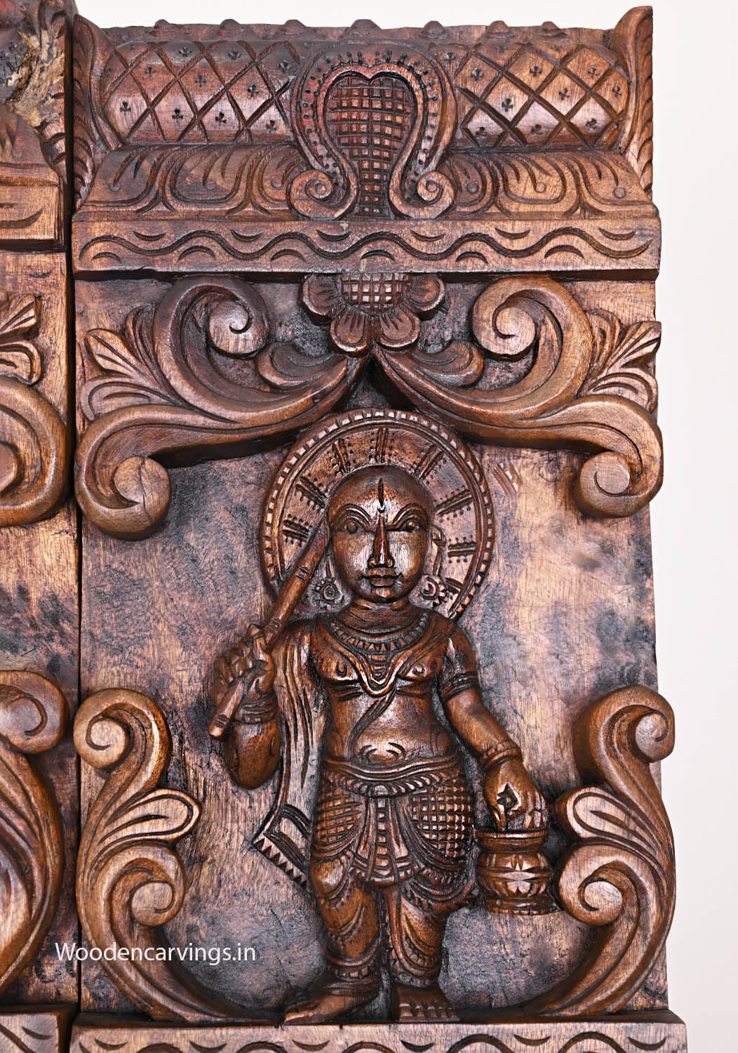 Vertical Maha Vishnu Ten Powerful Avatars Detaily Carved Wooden Entrance Decoration Paired Wax Brown Wall Panel 66"