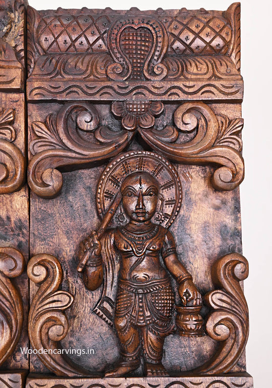 Vertical Maha Vishnu Ten Powerful Avatars Detaily Carved Wooden Entrance Decoration Paired Wax Brown Wall Panel 66"