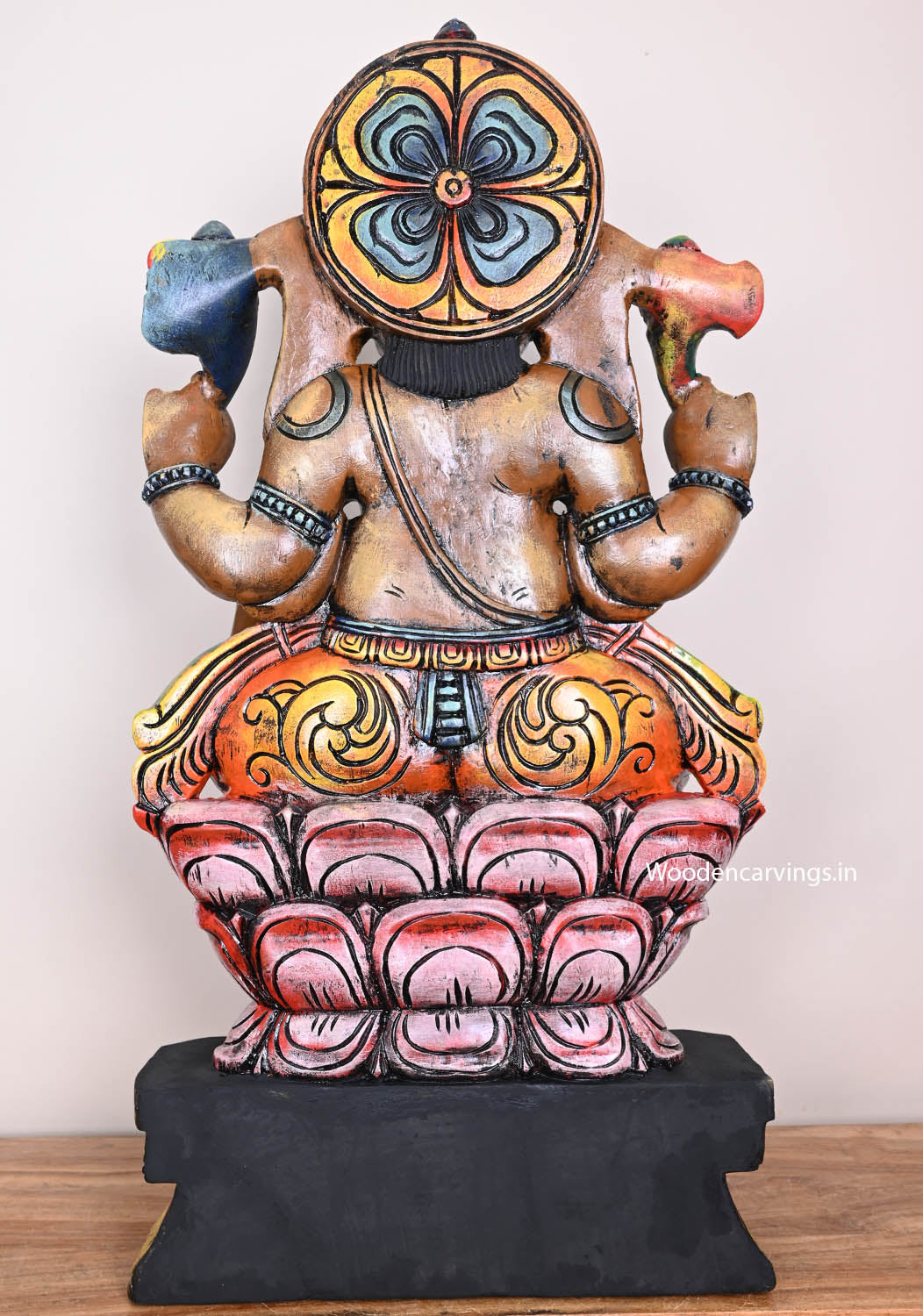 Wooden Lord Ganapathy Seated on Double Petal Pink Lotus With Mooshak Handcrafted Multicoloured Sculpture 35.5"