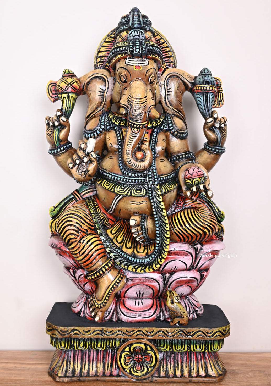 Wooden Lord Ganapathy Seated on Double Petal Pink Lotus With Mooshak Handcrafted Multicoloured Sculpture 35.5"