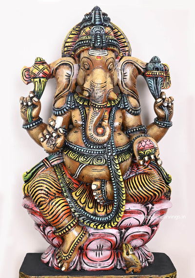 Wooden Lord Ganapathy Seated on Double Petal Pink Lotus With Mooshak Handcrafted Multicoloured Sculpture 35.5"