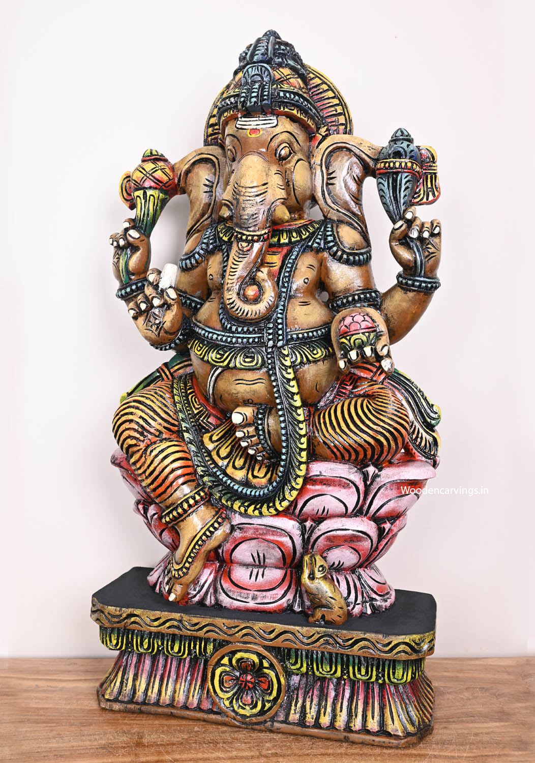 Wooden Lord Ganapathy Seated on Double Petal Pink Lotus With Mooshak Handcrafted Multicoloured Sculpture 35.5"