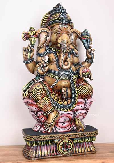 Wooden Lord Ganapathy Seated on Double Petal Pink Lotus With Mooshak Handcrafted Multicoloured Sculpture 35.5"