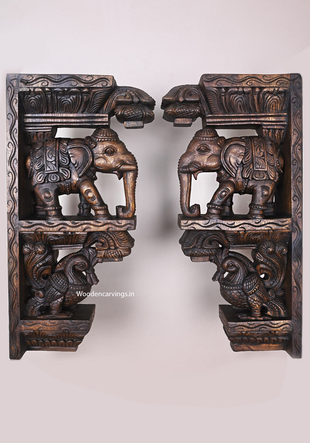 Wall Decoration Wooden Paired Standing Elephants With Hamsa (Annapakshi) Hooks Fixed Wax Brown Wall Brackets 24.5"