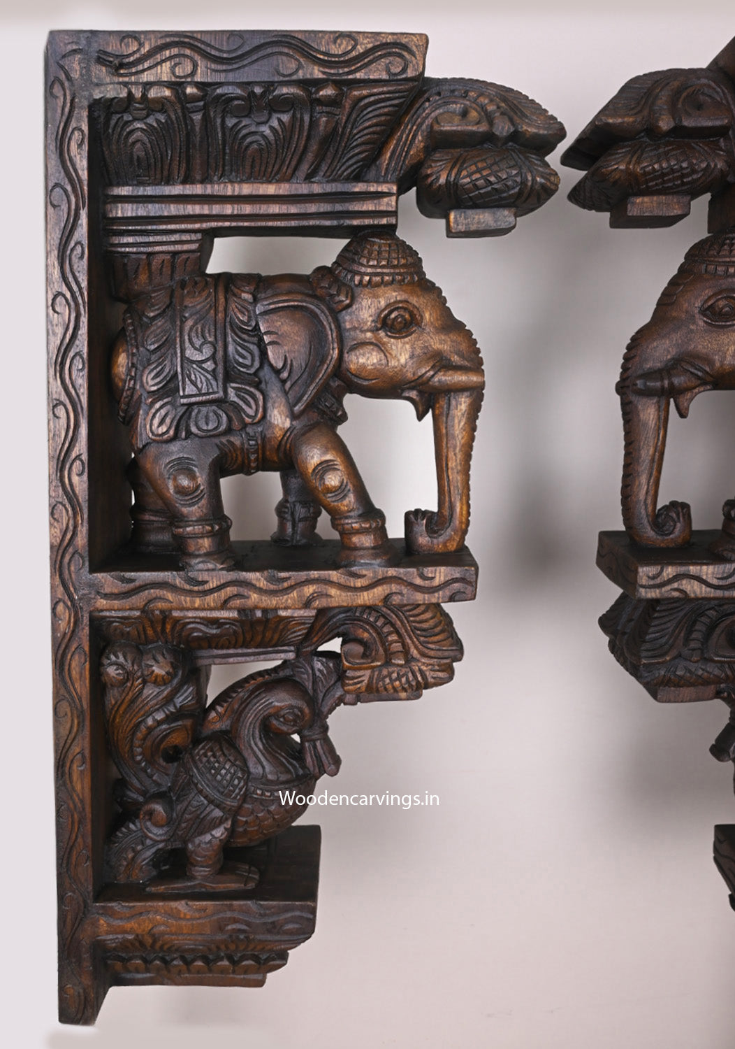 Wall Decoration Wooden Paired Standing Elephants With Hamsa (Annapakshi) Hooks Fixed Wax Brown Wall Brackets 24.5"