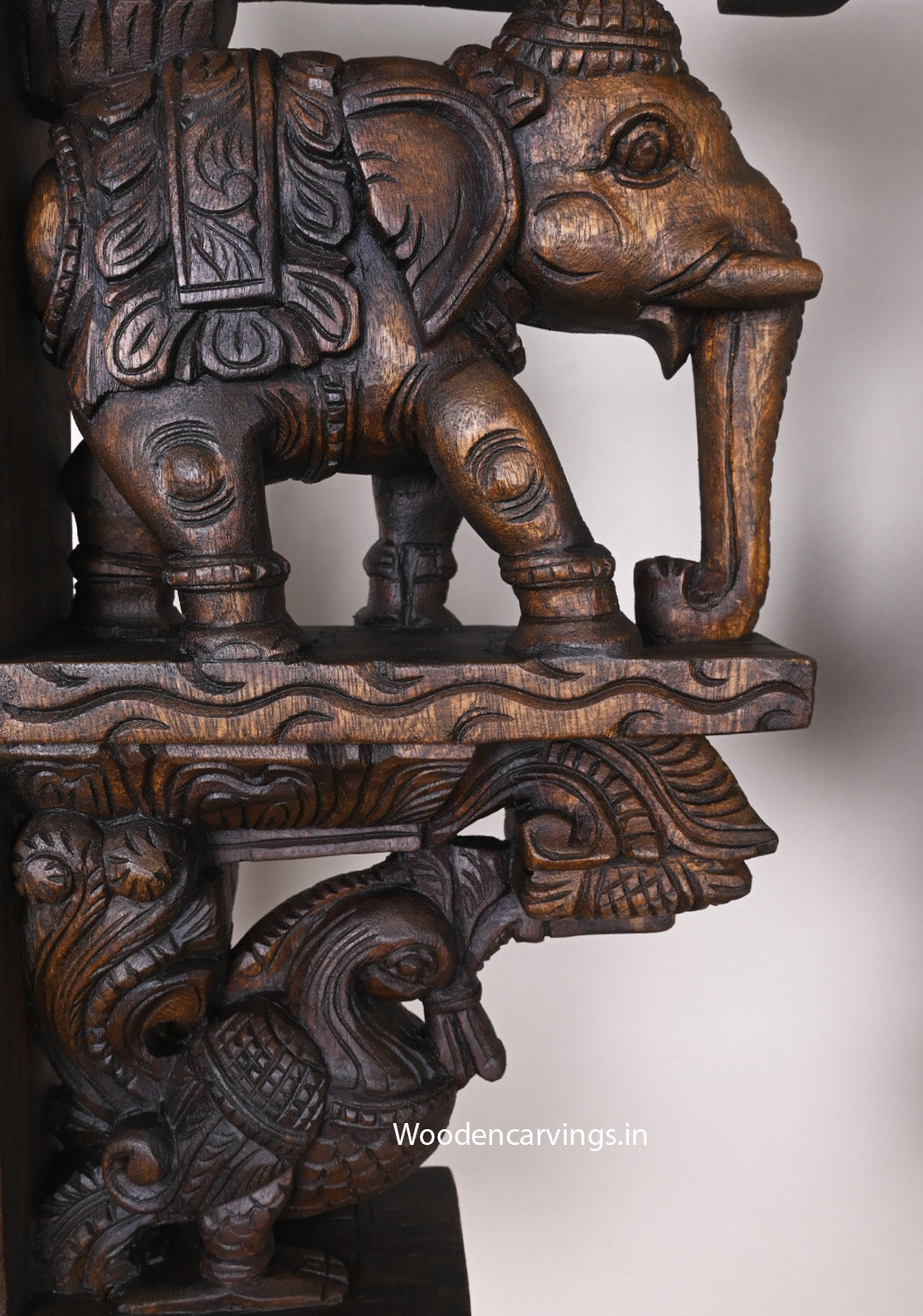 Wall Decoration Wooden Paired Standing Elephants With Hamsa (Annapakshi) Hooks Fixed Wax Brown Wall Brackets 24.5"