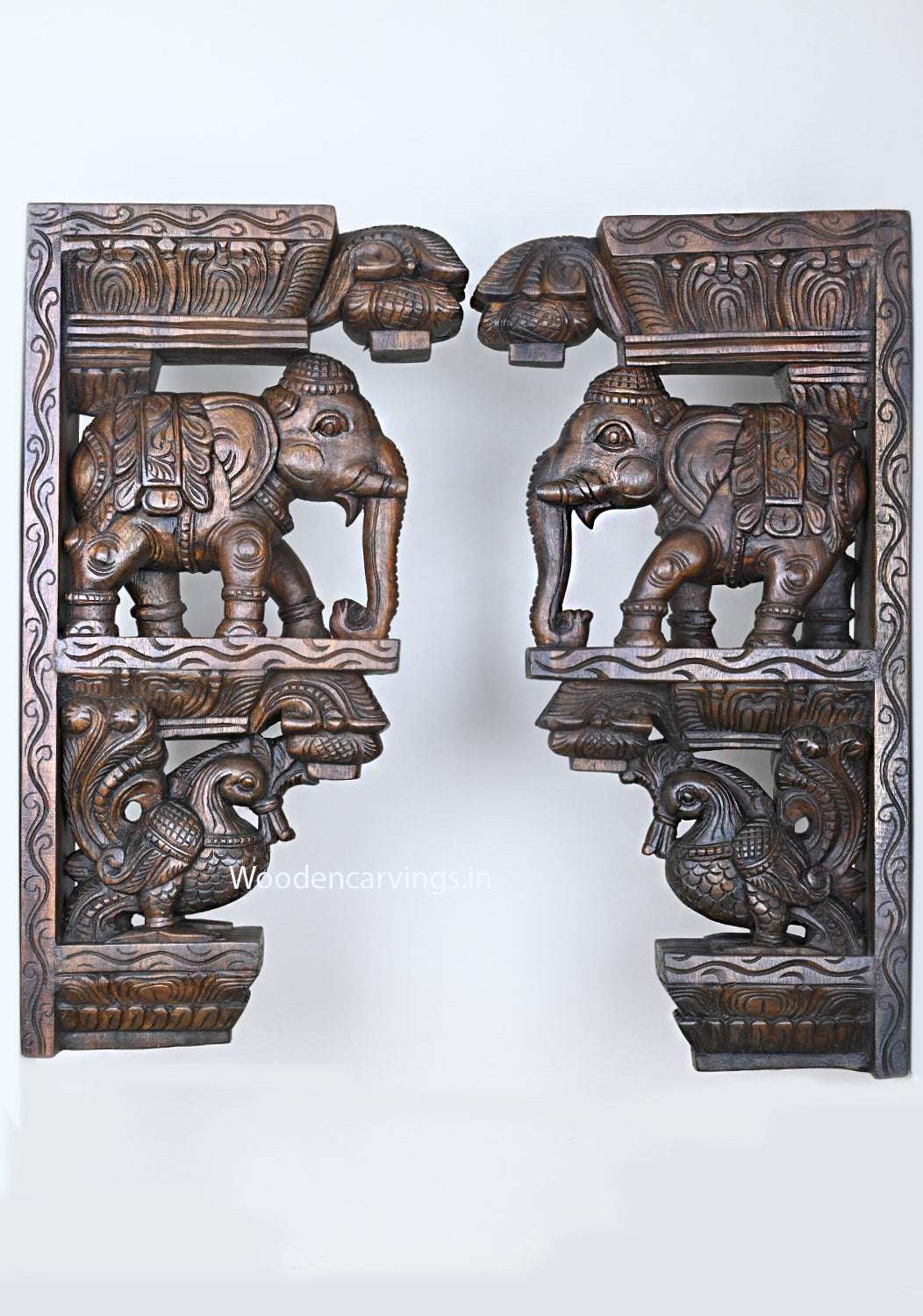 Standing Hooks Fixed Paired Elephants With Hamsa Bird (Annapakshi) Wall Decoration Beautiful Wooden Wall Brackets 24.5"