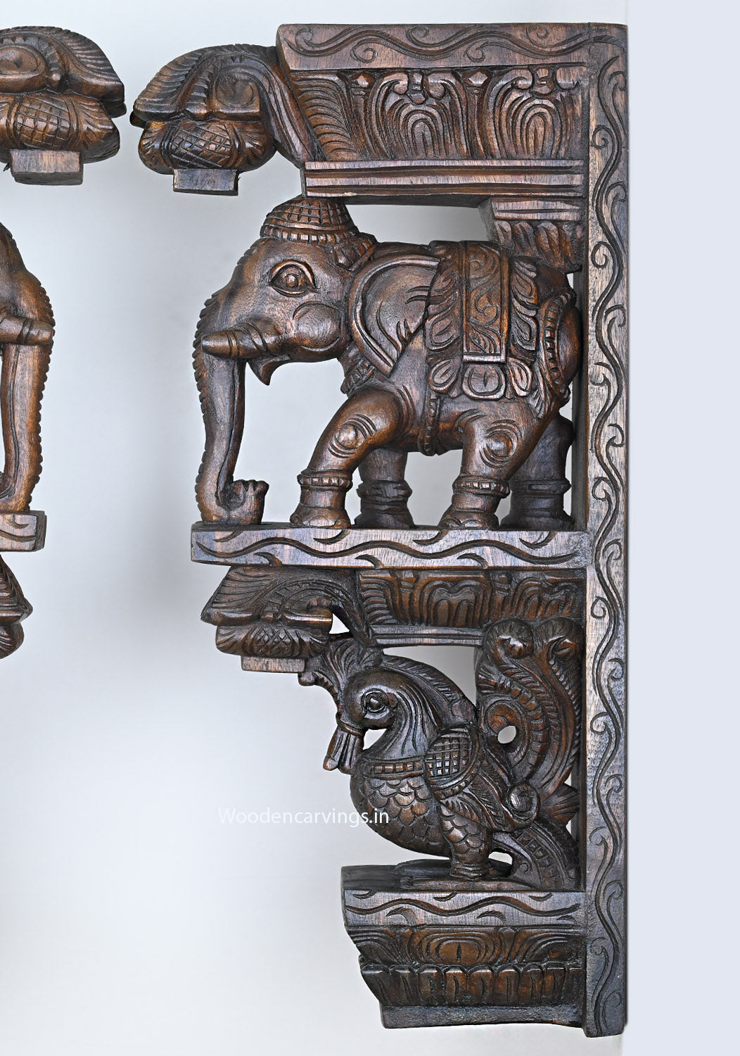 Standing Hooks Fixed Paired Elephants With Hamsa Bird (Annapakshi) Wall Decoration Beautiful Wooden Wall Brackets 24.5"