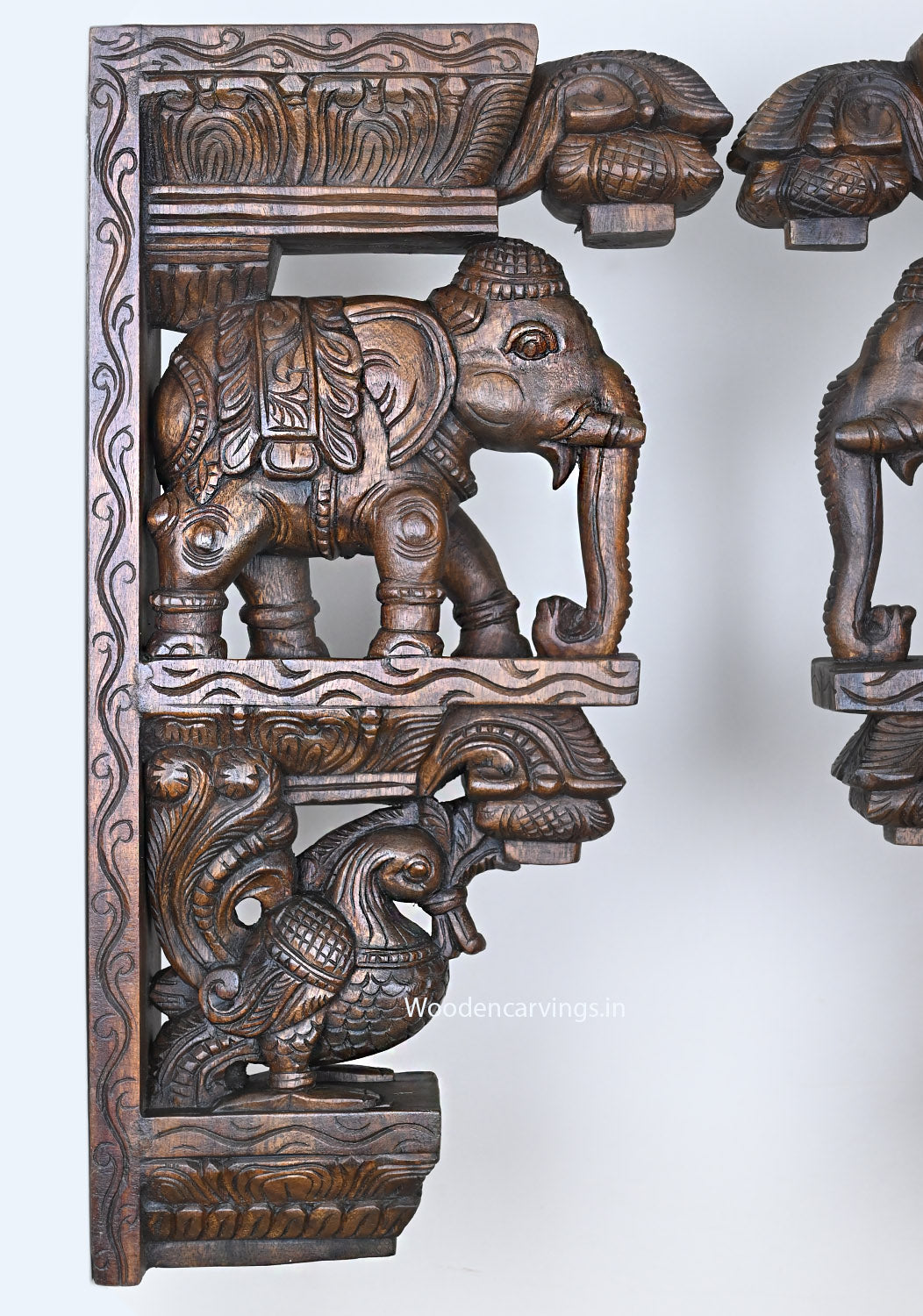 Standing Hooks Fixed Paired Elephants With Hamsa Bird (Annapakshi) Wall Decoration Beautiful Wooden Wall Brackets 24.5"