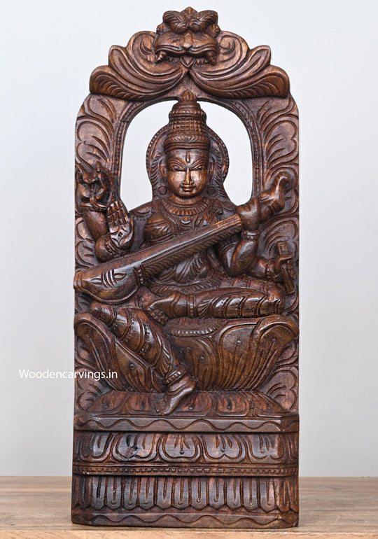 Wooden Blessing Goddess of Knowledge Saraswathi Seated on Petal Lotus Holding Veena Light Weight Wall Hanging Wall Mount 18"