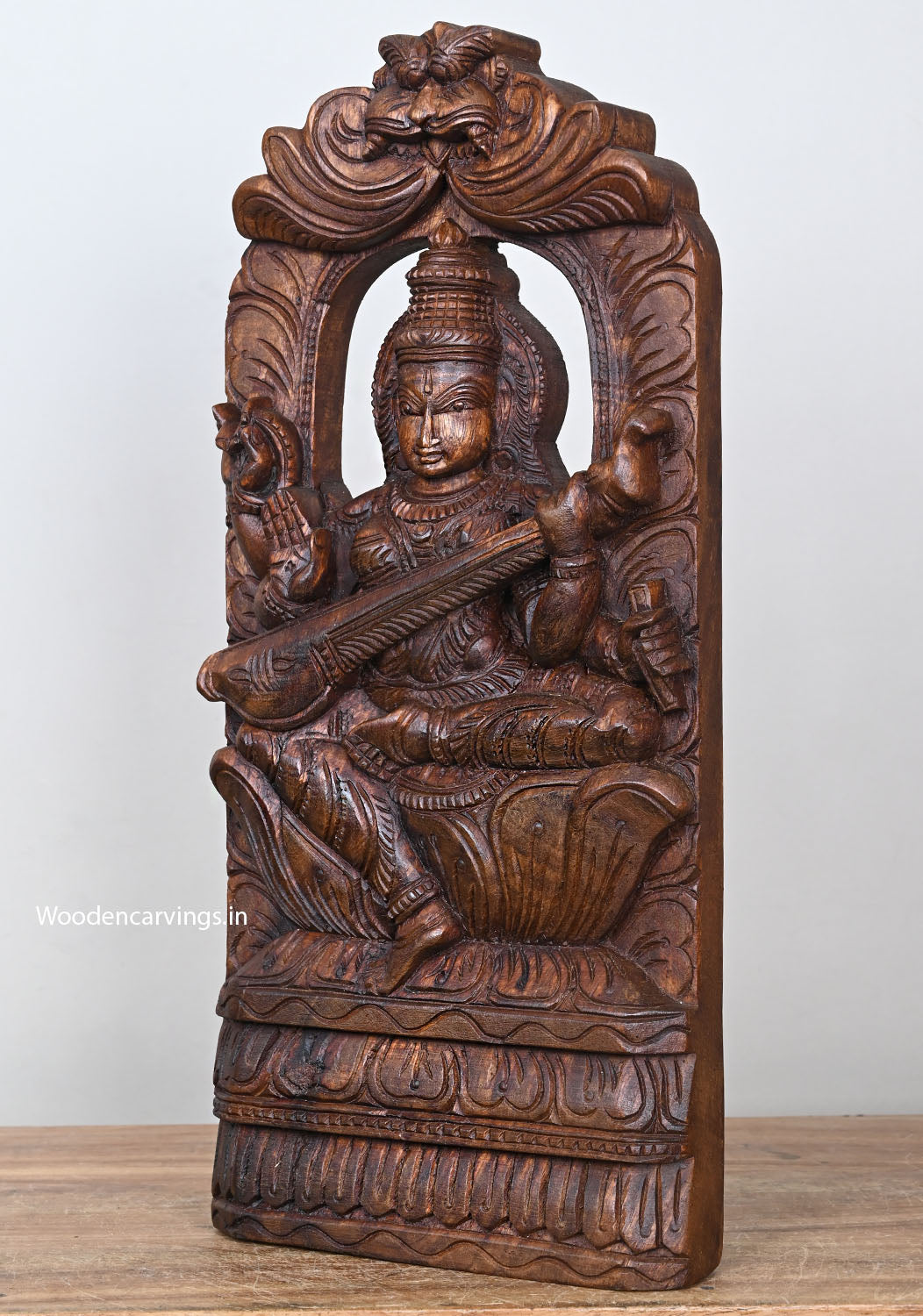 Wooden Blessing Goddess of Knowledge Saraswathi Seated on Petal Lotus Holding Veena Light Weight Wall Hanging Wall Mount 18"