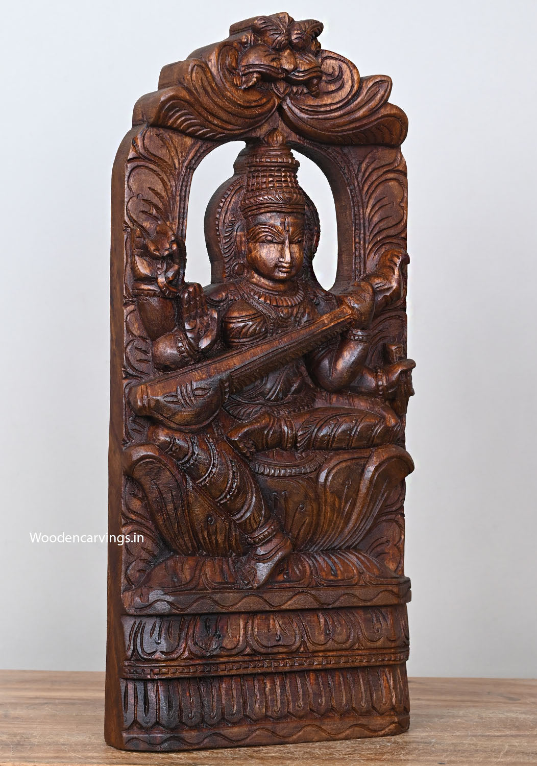 Wooden Blessing Goddess of Knowledge Saraswathi Seated on Petal Lotus Holding Veena Light Weight Wall Hanging Wall Mount 18"