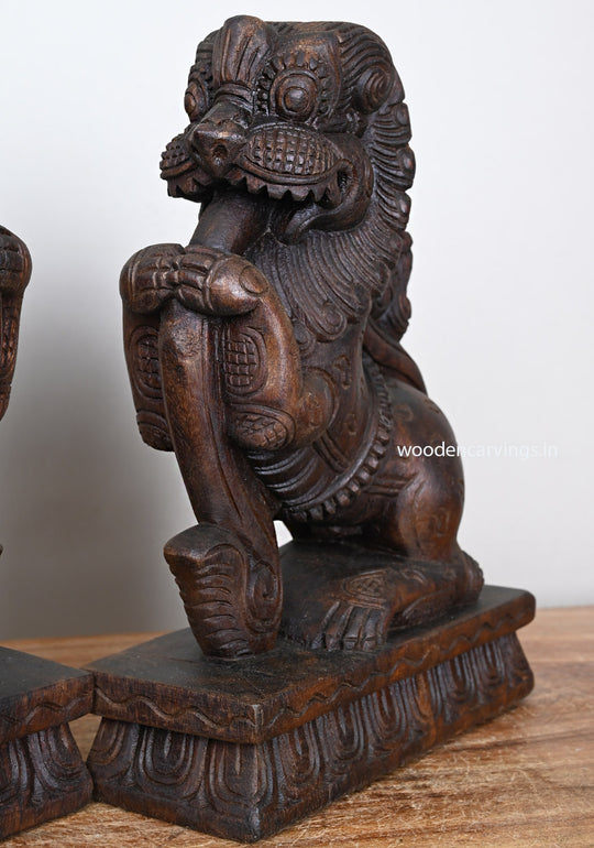 Light Weight Sculpture of Lion Face Ancient Animal Yaazhi Standing on Base Home Decoration Paired Wooden Sculpture 12"