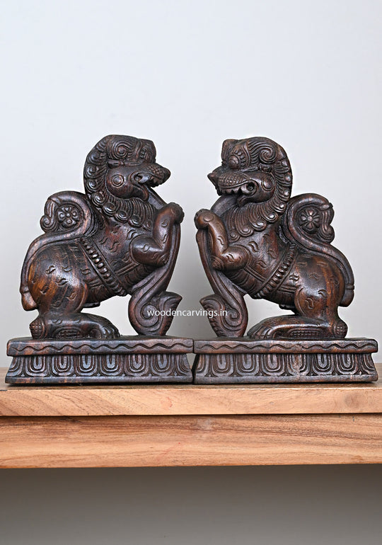 Light Weight Sculpture of Lion Face Ancient Animal Yaazhi Standing on Base Home Decoration Paired Wooden Sculpture 12"