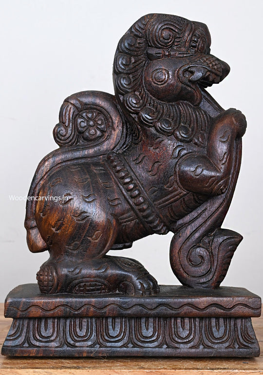 Light Weight Sculpture of Lion Face Ancient Animal Yaazhi Standing on Base Home Decoration Paired Wooden Sculpture 12"