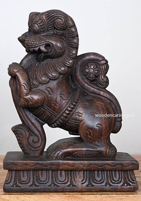 Light Weight Sculpture of Lion Face Ancient Animal Yaazhi Standing on Base Home Decoration Paired Wooden Sculpture 12"