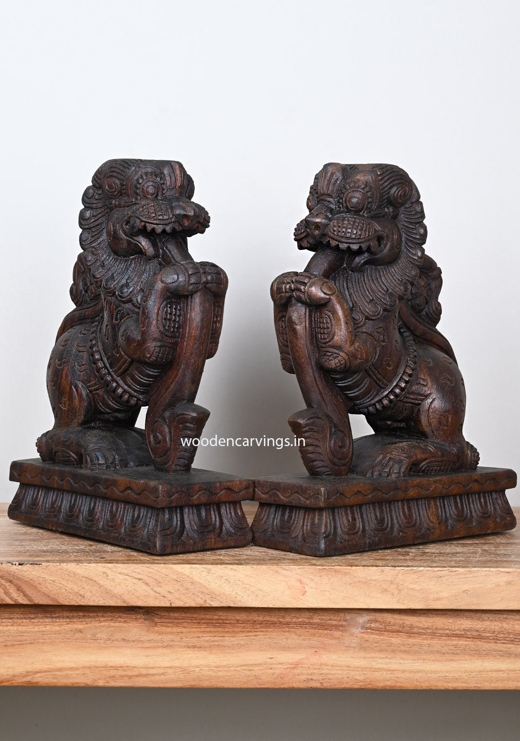 Light Weight Sculpture of Lion Face Ancient Animal Yaazhi Standing on Base Home Decoration Paired Wooden Sculpture 12"