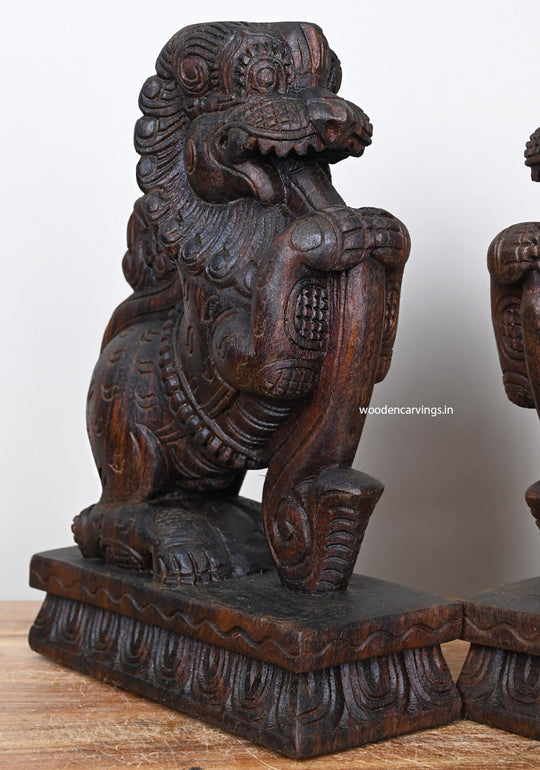 Light Weight Sculpture of Lion Face Ancient Animal Yaazhi Standing on Base Home Decoration Paired Wooden Sculpture 12"