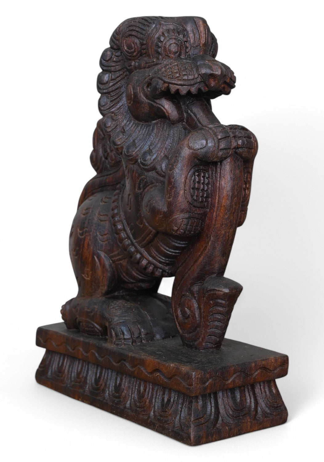 Light Weight Sculpture of Lion Face Ancient Animal Yaazhi Standing on Base Home Decoration Paired Wooden Sculpture 12"