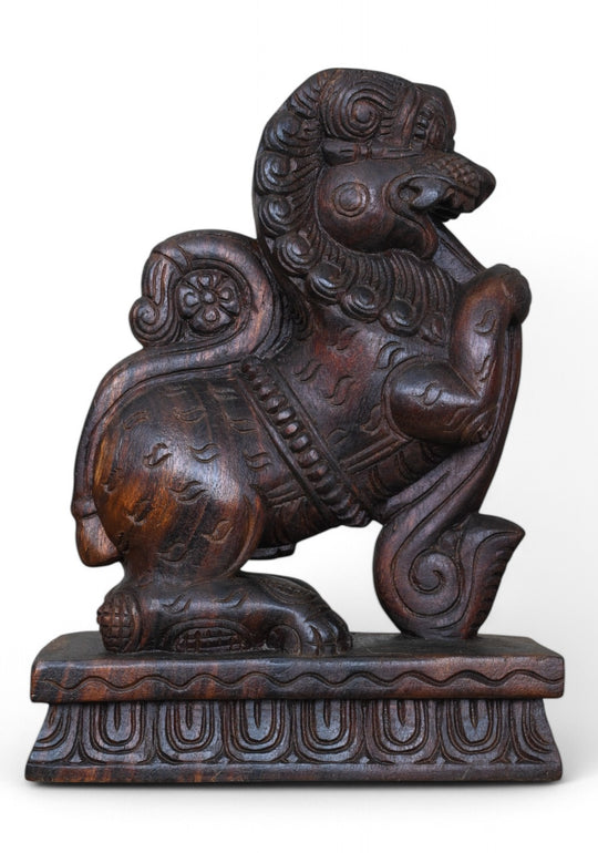 Light Weight Sculpture of Lion Face Ancient Animal Yaazhi Standing on Base Home Decoration Paired Wooden Sculpture 12"