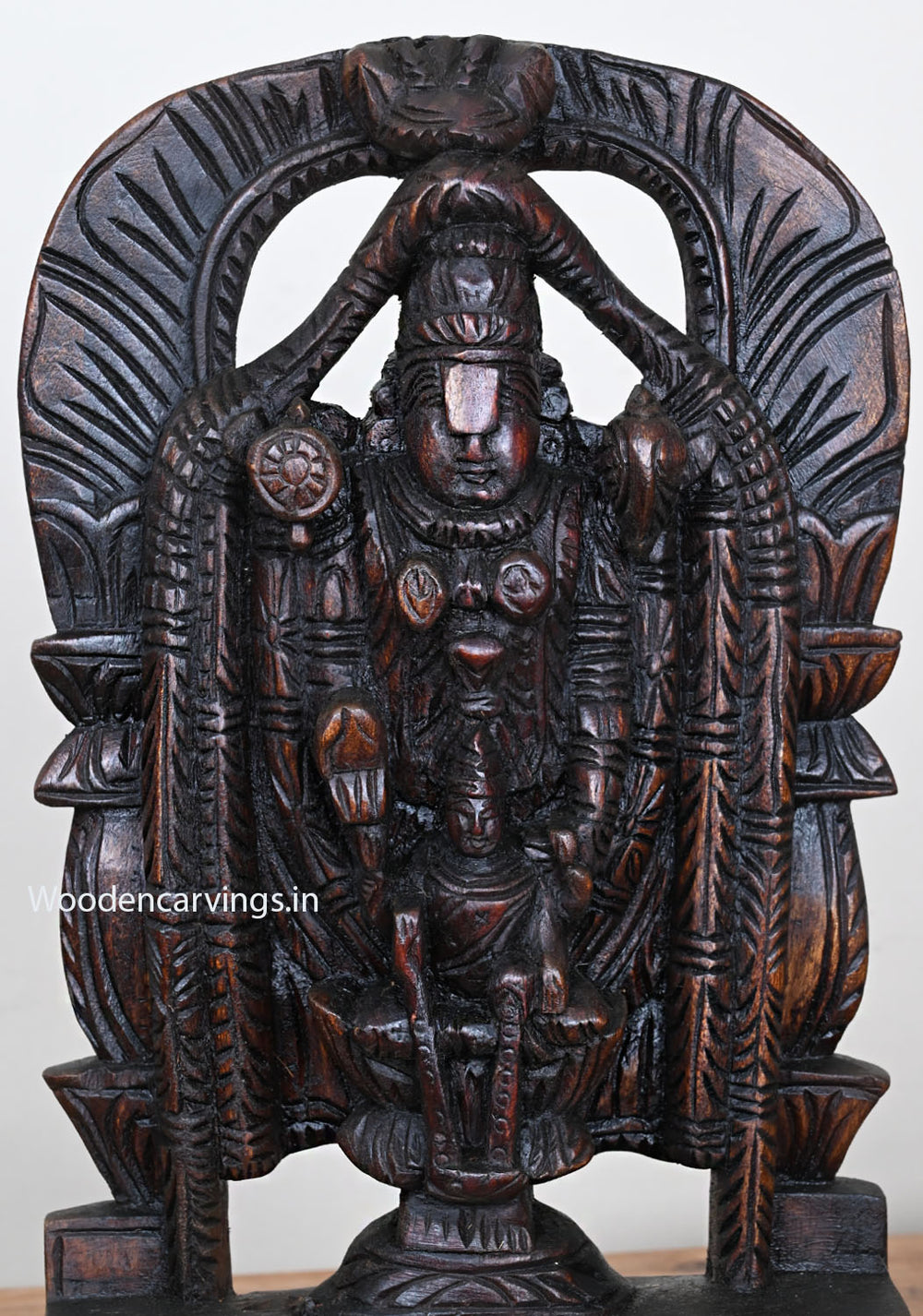 Wooden Prabhavali (Arch) Light Weight Lord Balaji With Goddess Mahalakshmi Handcrafted Wax Brown Beautiful Sculpture 14.5"