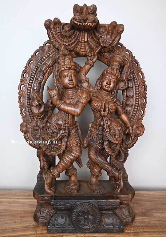 Shri Govindha Krishna With Radha Playing With Flute Prabhavali Handcrafted Wooden Home Decor Beautiful Sculpture 35"