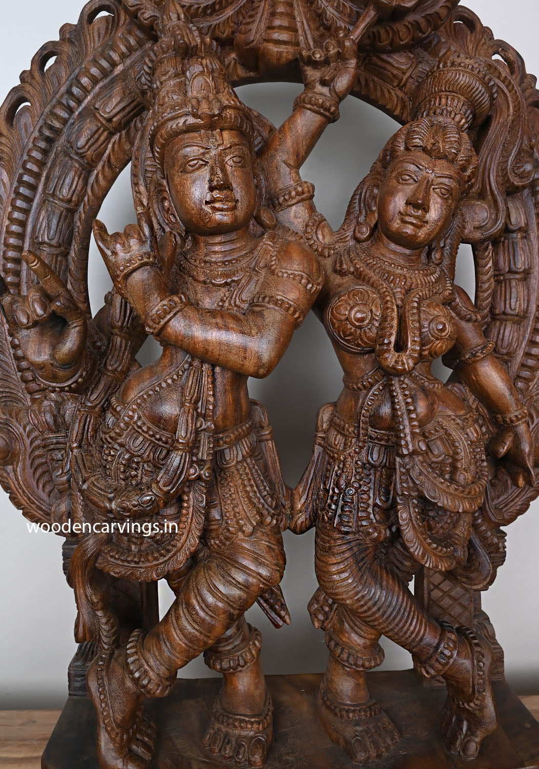 Shri Govindha Krishna With Radha Playing With Flute Prabhavali Handcrafted Wooden Home Decor Beautiful Sculpture 35"