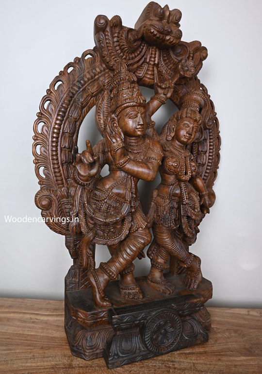 Shri Govindha Krishna With Radha Playing With Flute Prabhavali Handcrafted Wooden Home Decor Beautiful Sculpture 35"