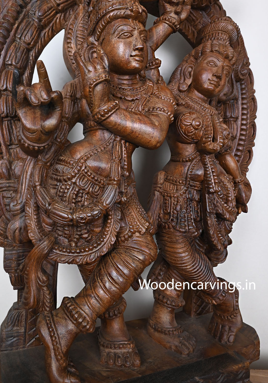 Shri Govindha Krishna With Radha Playing With Flute Prabhavali Handcrafted Wooden Home Decor Beautiful Sculpture 35"