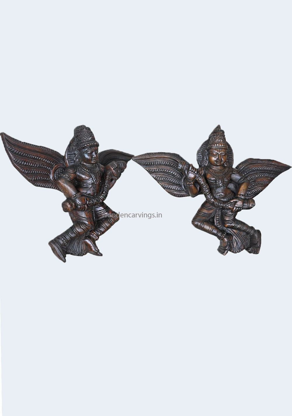 Wooden Paired Wall Entrance Decoration of Ghandarvas (Angels) Dark Brown Finishing Hooks Fixed Wooden Wall Mount 17"