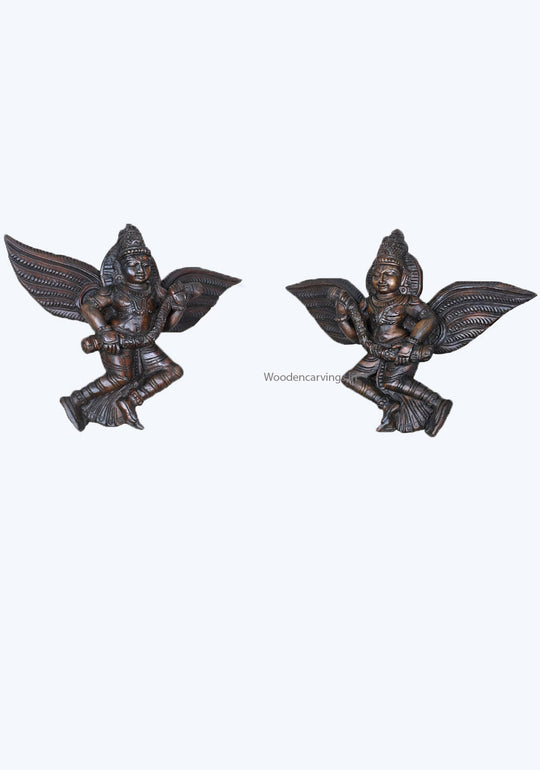 Wooden Paired Wall Entrance Decoration of Ghandarvas (Angels) Dark Brown Finishing Hooks Fixed Wooden Wall Mount 17"