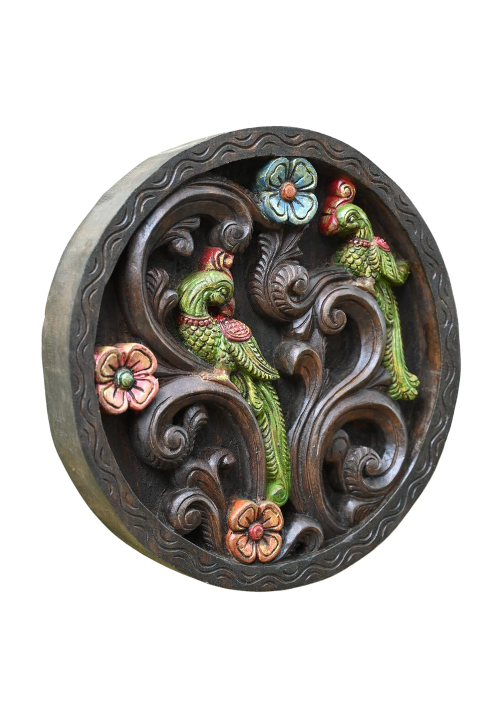 Circle Peacock Carving in Wooden Wall Hanging 15"