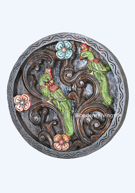 Round Design Green Paired Standing Colourful Parrots With Decorative Floral Designs Wall Hanging Hooks Fixed Wall Mount 15"