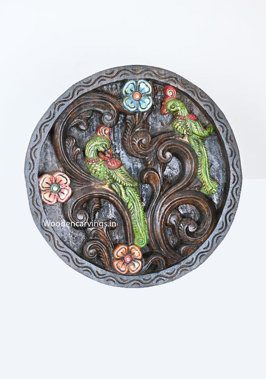 Round Design Green Paired Standing Colourful Parrots With Decorative Floral Designs Wall Hanging Hooks Fixed Wall Mount 15"