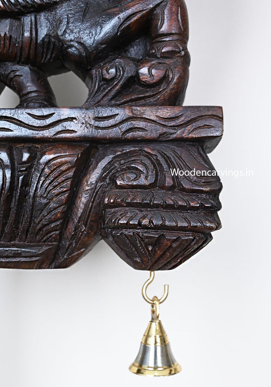 Lion Faced Wooden Handmade Wall Hanging Yaazhi (Ancient Animal) With Upraised Elephants Hooks Fixed Wall Brackets 19"