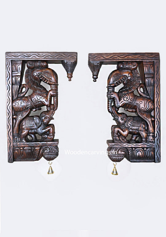 Lion Faced Wooden Handmade Wall Hanging Yaazhi (Ancient Animal) With Upraised Elephants Hooks Fixed Wall Brackets 19"