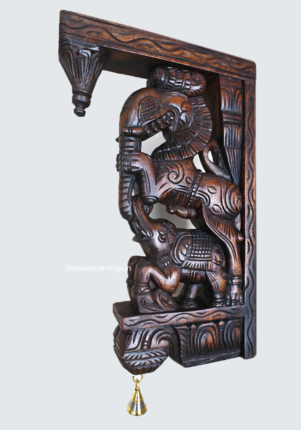 Lion Faced Wooden Handmade Wall Hanging Yaazhi (Ancient Animal) With Upraised Elephants Hooks Fixed Wall Brackets 19"