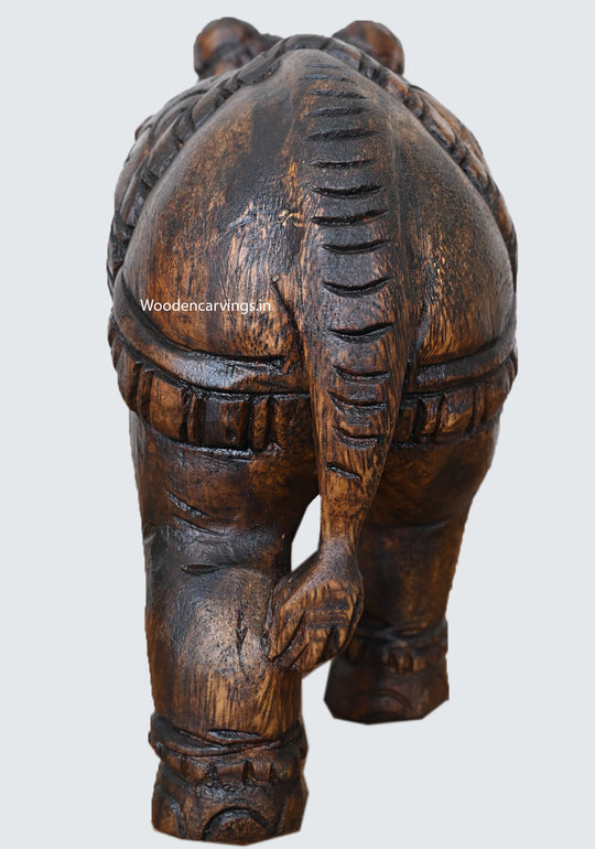 Wooden Standing Upraised Elephant Wax Brown Finishing Showpiece Handcrafted Light Weight Sculpture 12"