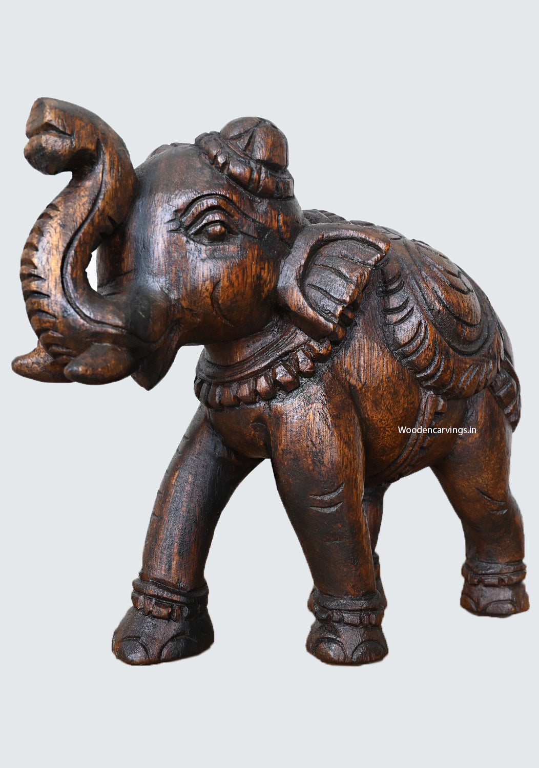 Wooden Standing Upraised Elephant Wax Brown Finishing Showpiece Handcrafted Light Weight Sculpture 12"