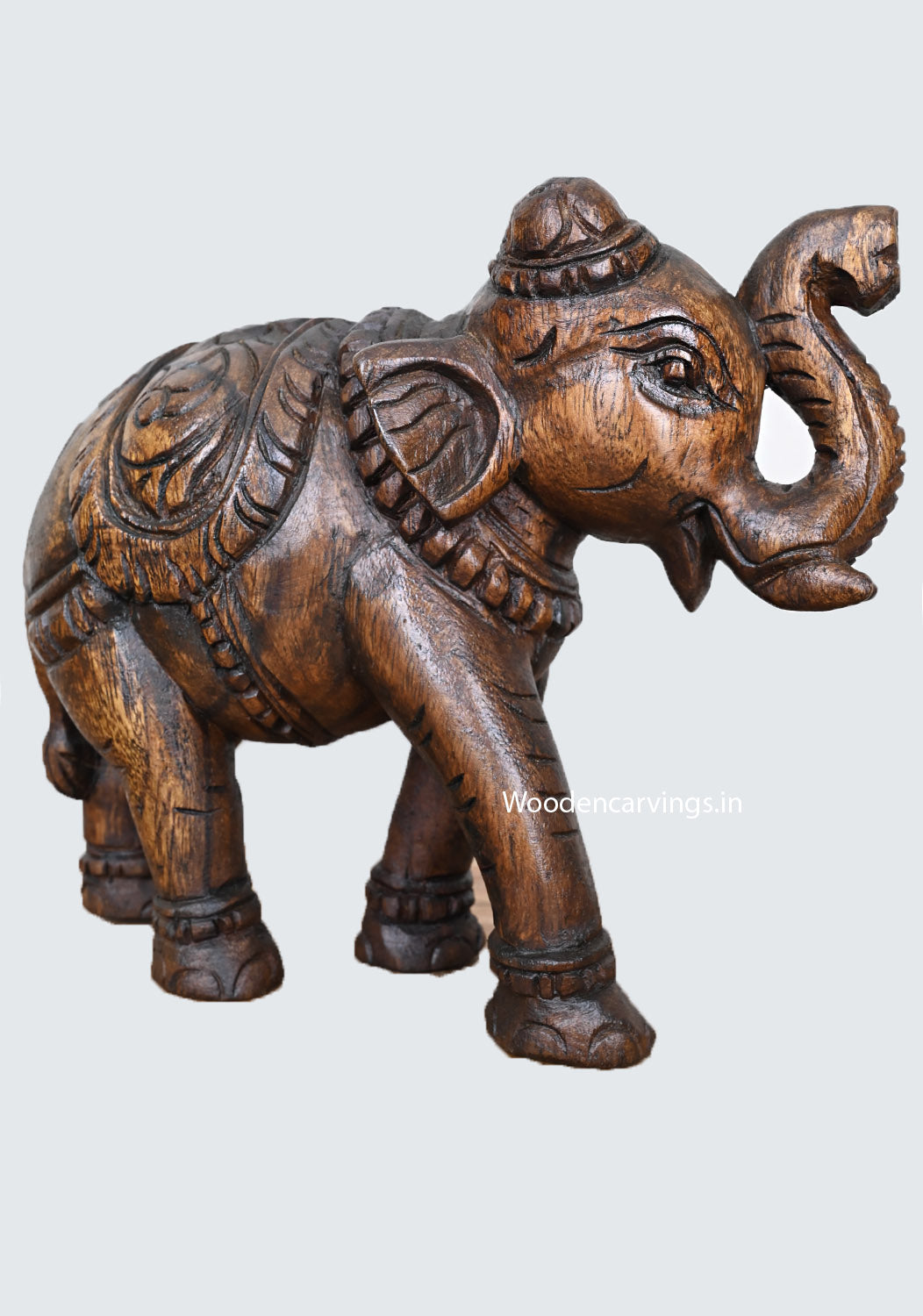 Wooden Standing Upraised Elephant Wax Brown Finishing Showpiece Handcrafted Light Weight Sculpture 12"