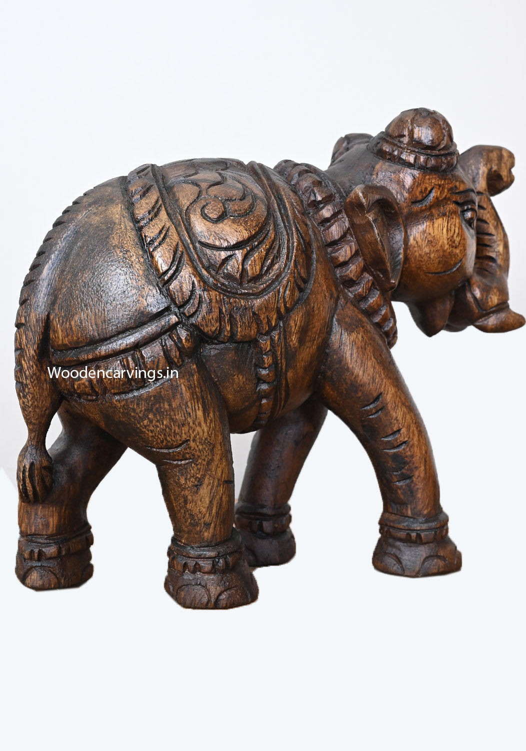 Wooden Standing Upraised Elephant Wax Brown Finishing Showpiece Handcrafted Light Weight Sculpture 12"